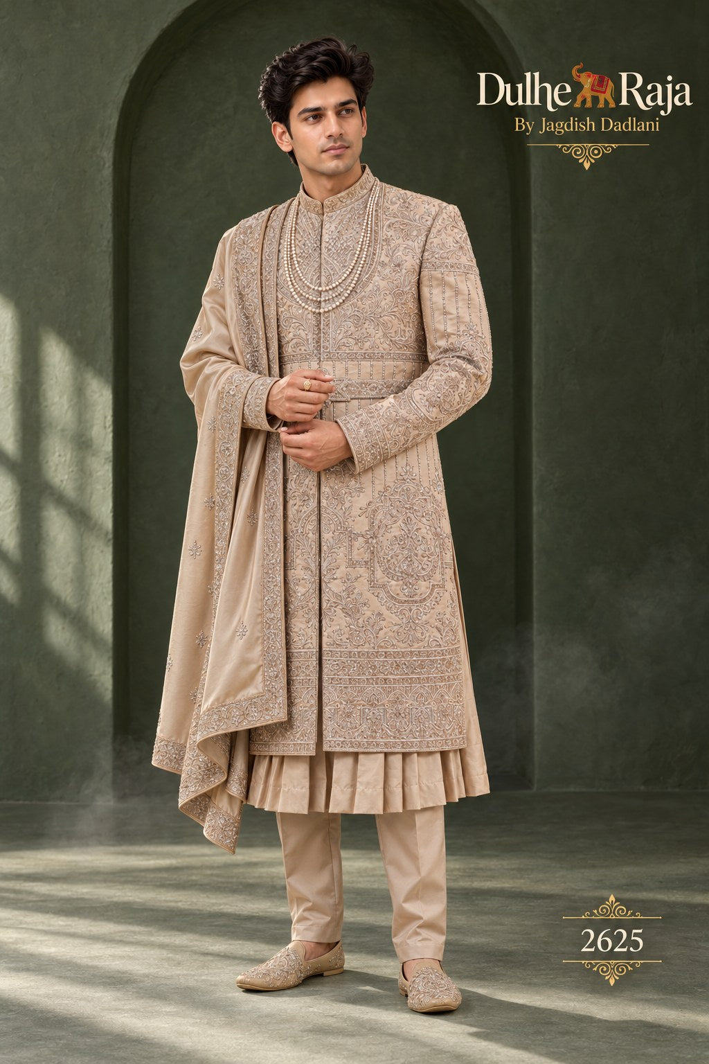 Rust sherwani with shawl drape side view - design 2625-RUST