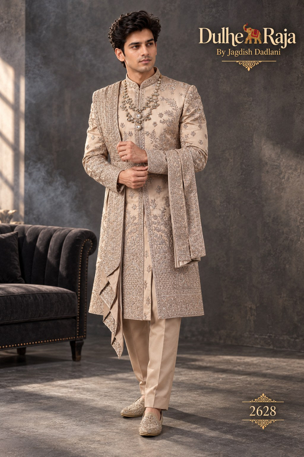 Rust draped wedding sherwani side view - design 2628-RUST