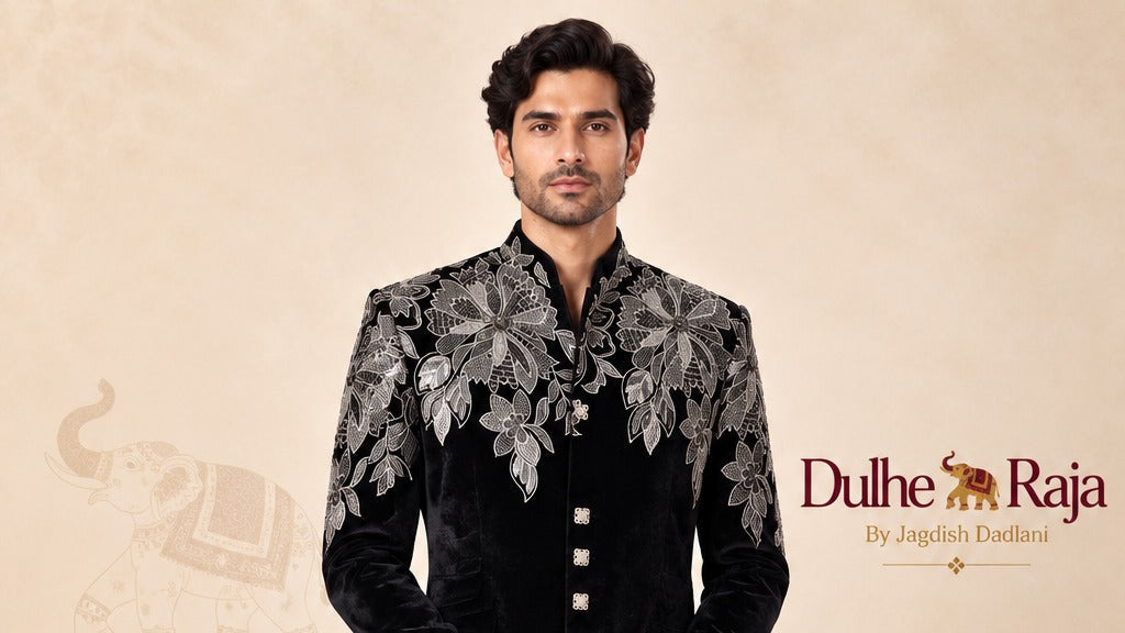Dulhe Raja black velvet floral jodhpuri bandhgala, design J784