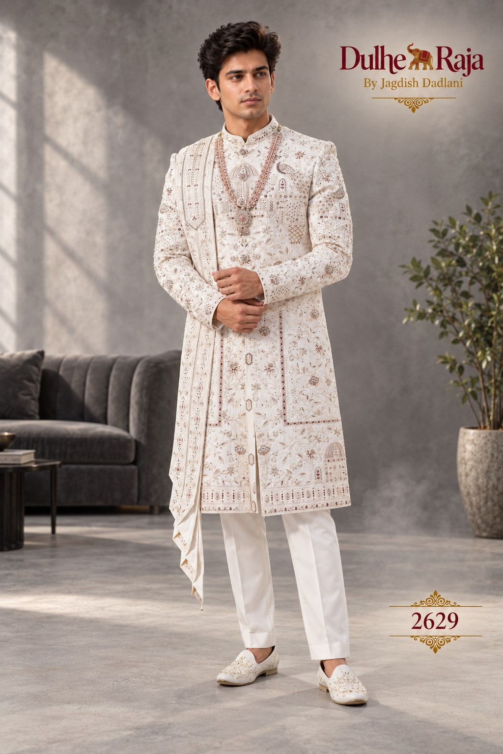 Ivory floral wedding sherwani side view - design 2629-S2
