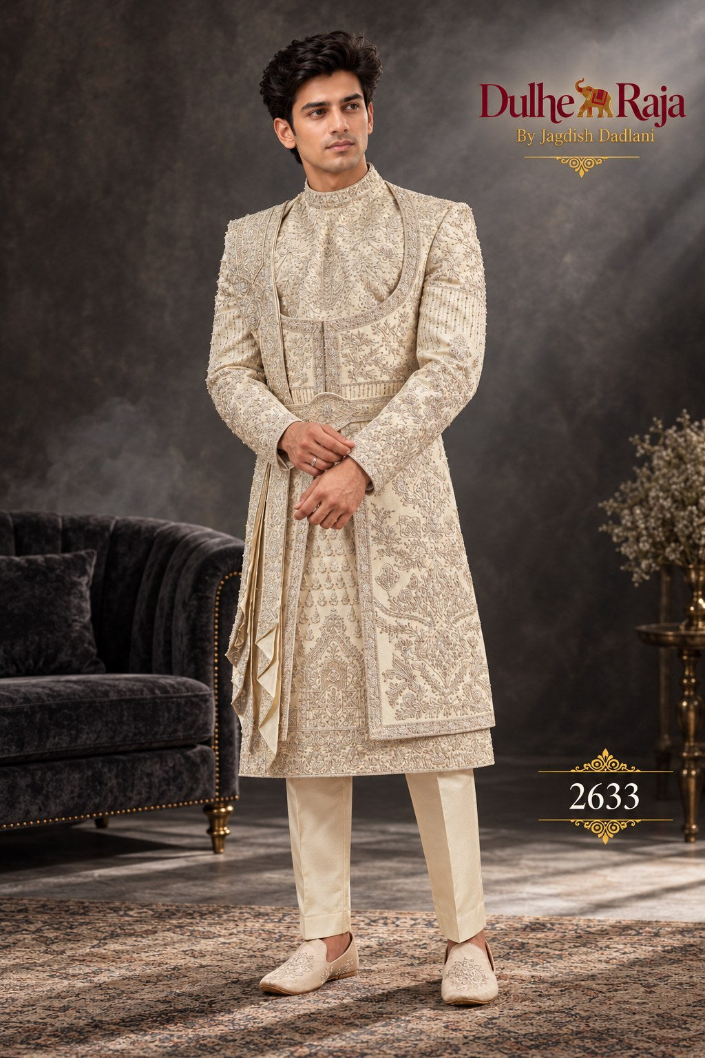 Silver ivory layered wedding sherwani side view - design 2633-SILVER