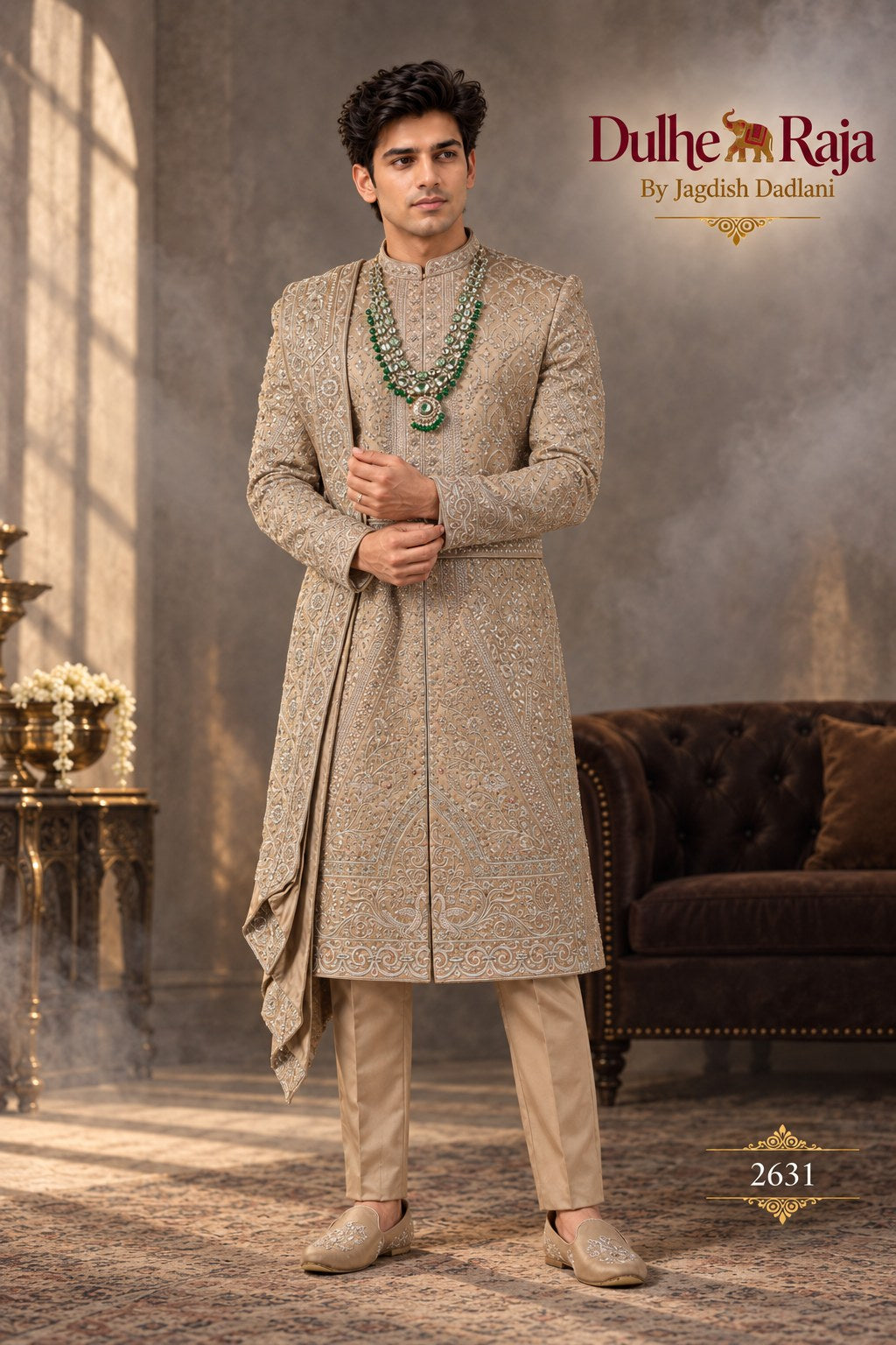 Beige belted drape wedding sherwani side view - design 2631-KP
