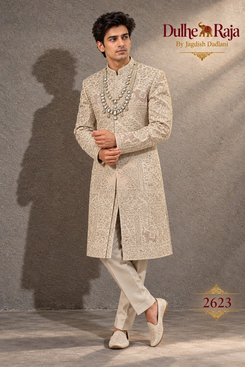 Beige open front wedding sherwani side view - design 2623-ANMOL