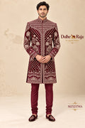 Dulhe Raja maroon velvet zardozi wedding sherwani with churidar, design MZ5237MA
