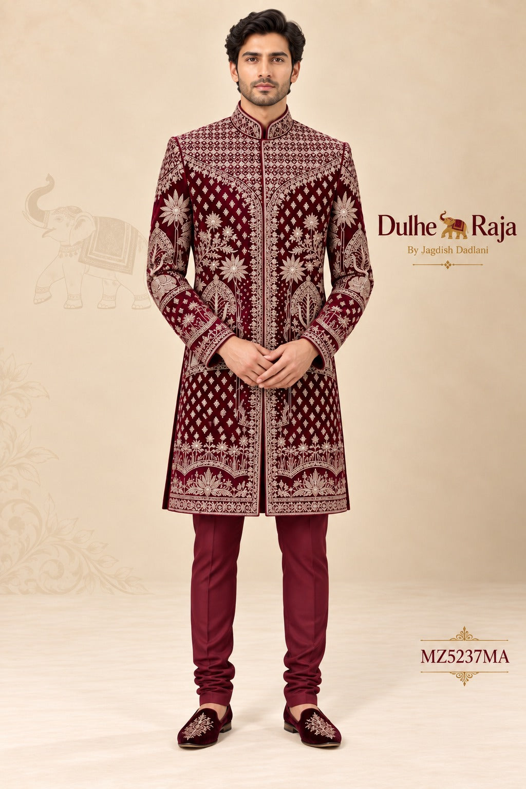 Dulhe Raja maroon velvet zardozi wedding sherwani with churidar, design MZ5237MA