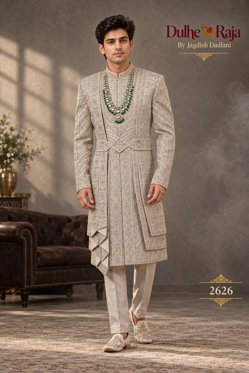 Pista belted wedding sherwani - Dulhe Raja Bhopal design 2626-PISTA