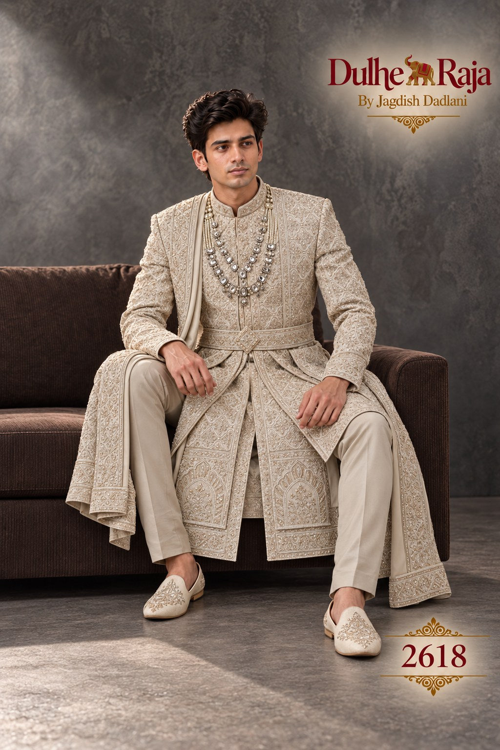 Beige belted wedding sherwani detail - design 2618-ANMOL