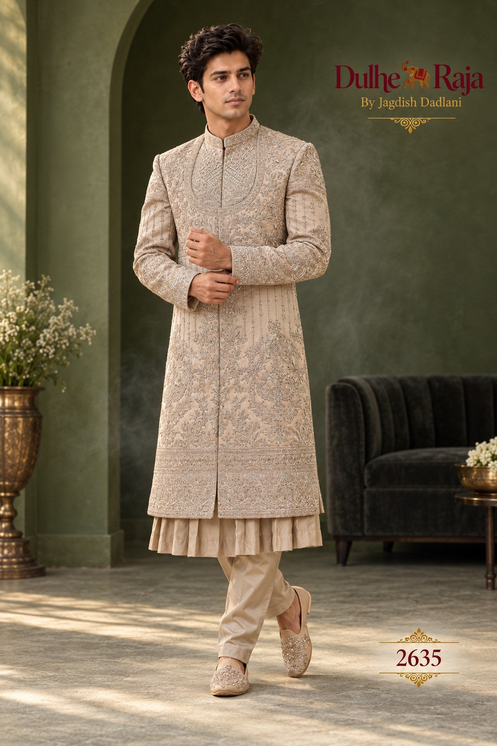 Rust classic wedding sherwani side view - design 2635-RUST