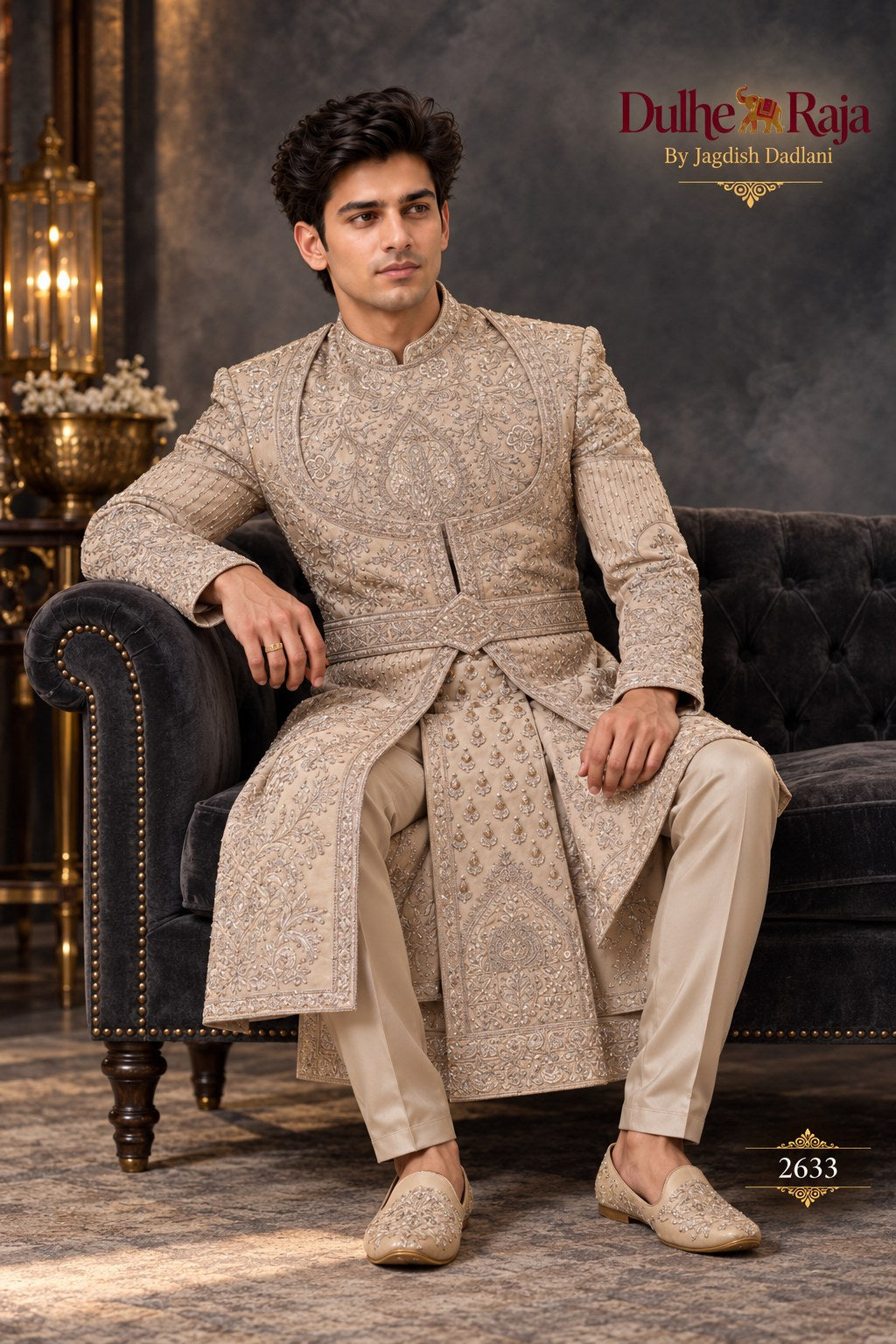 Rust belted wedding sherwani detail - design 2633-RUST
