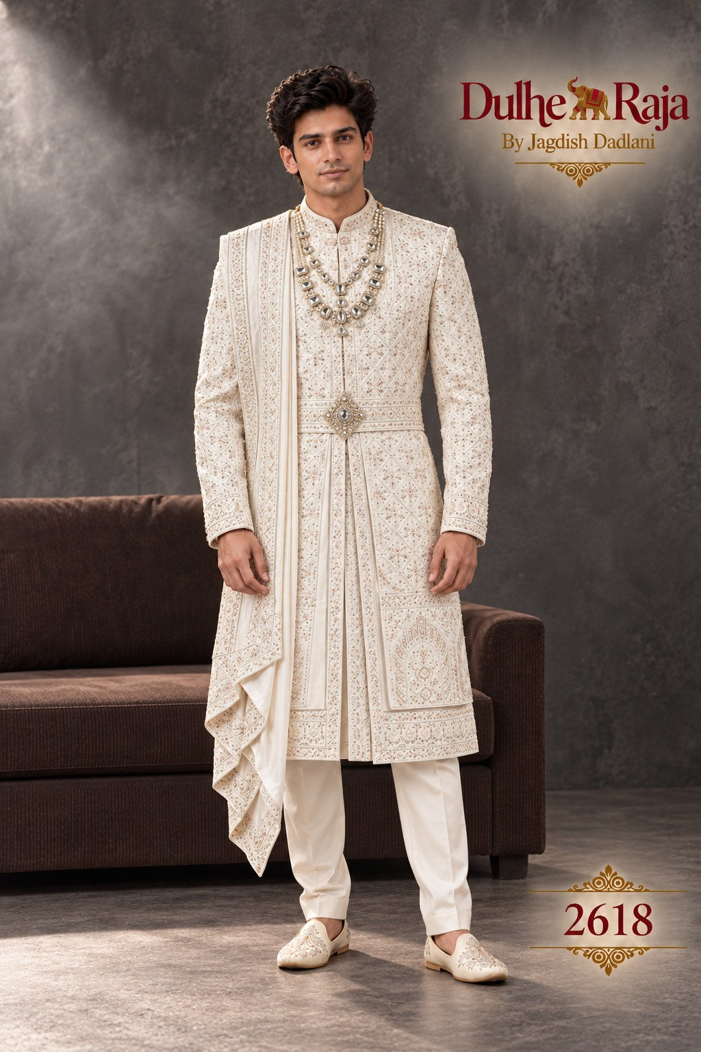 Ivory belted wedding sherwani - Dulhe Raja Bhopal design 2618-S3