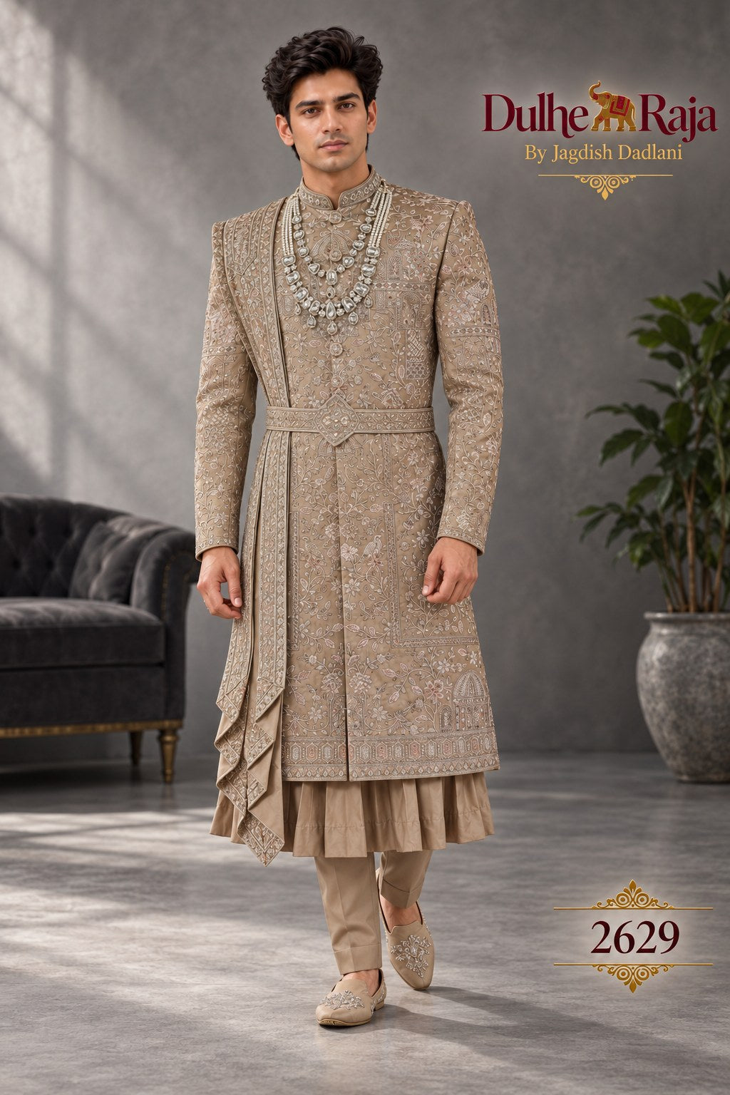 Beige pleated hem wedding sherwani - Dulhe Raja Bhopal design 2629-KP