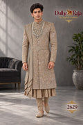 Beige pleated hem wedding sherwani - Dulhe Raja Bhopal design 2629-KP