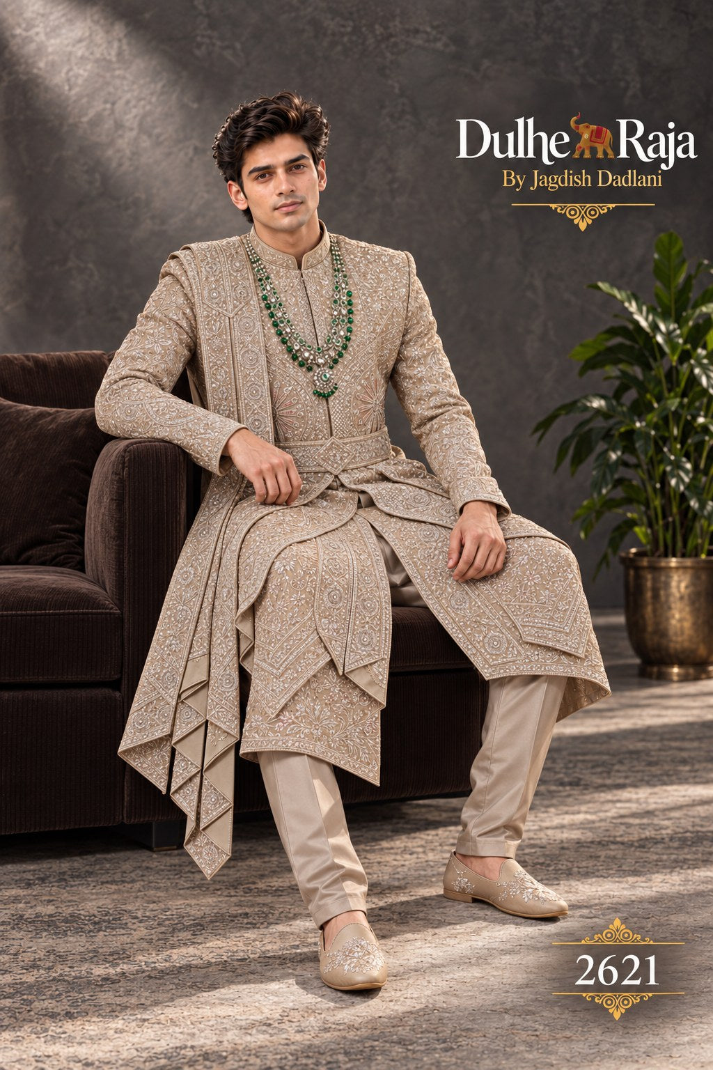 Taupe belted wedding sherwani detail - design 2621-KP