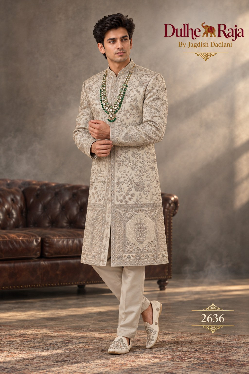 Pista belted wedding sherwani side view - design 2636-PISTA