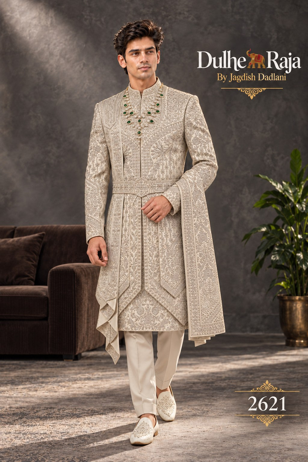 Pista belted wedding sherwani side view - design 2621-PISTA