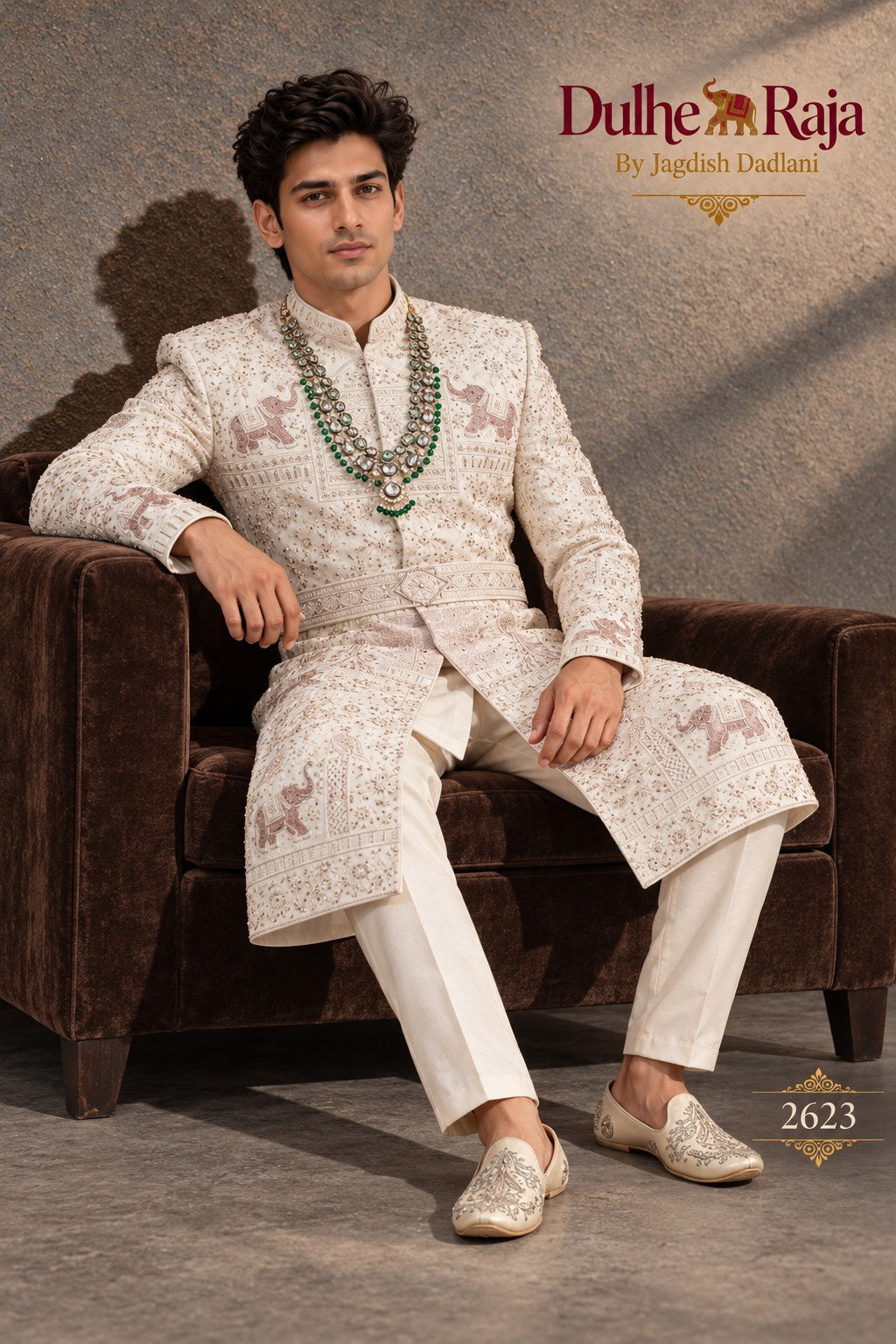 Ivory motif wedding sherwani detail - design 2623-S3