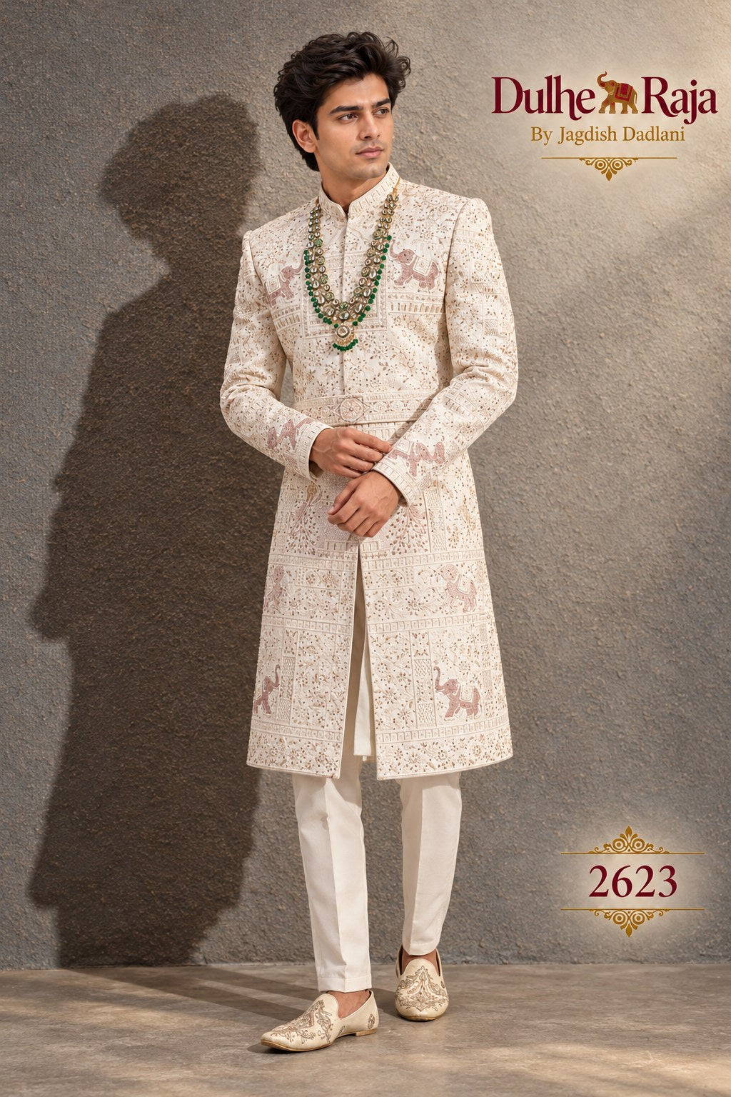 Ivory motif wedding sherwani side view - design 2623-S3