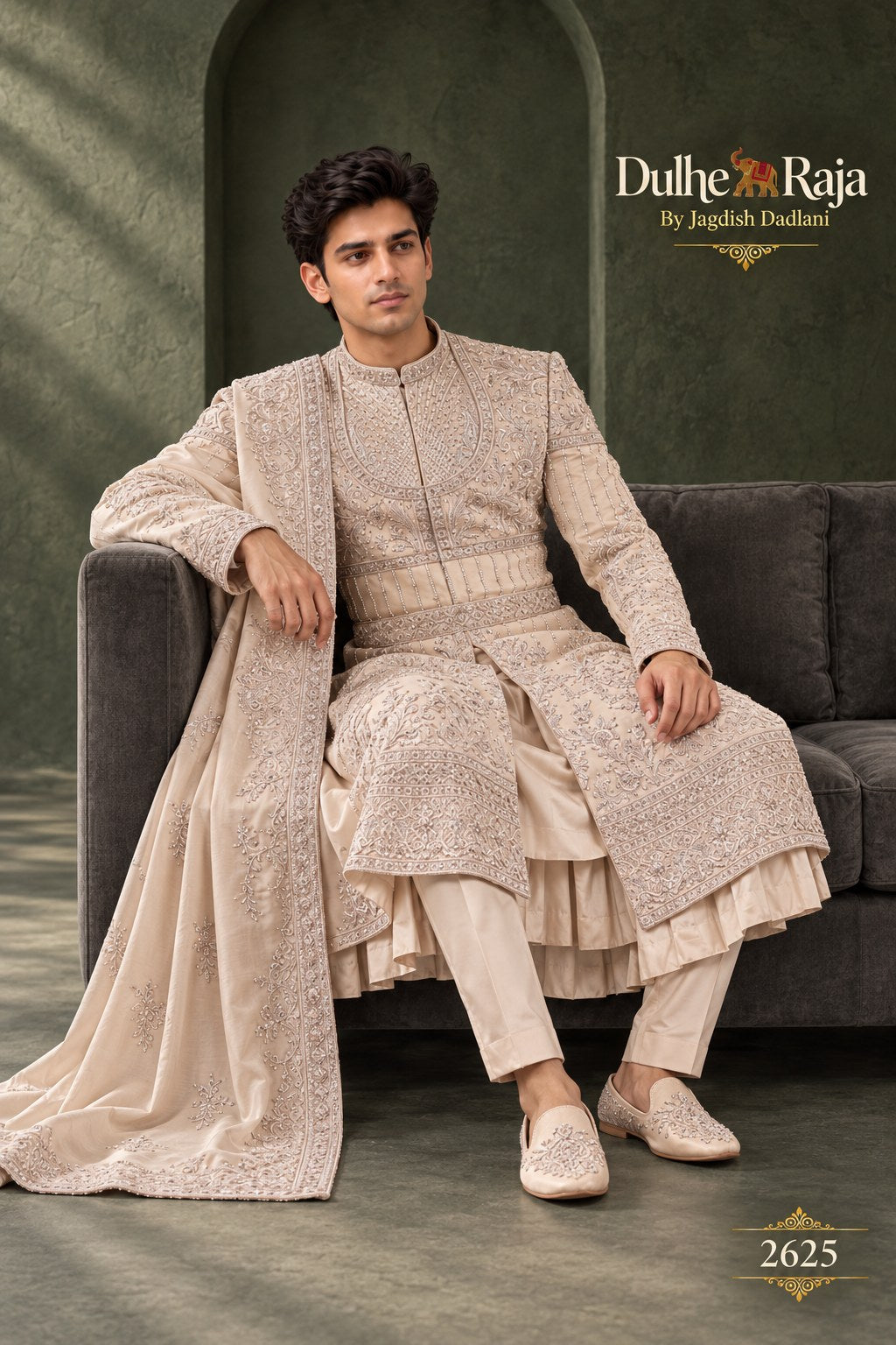 Blush sherwani with long dupatta detail - design 2625-RG