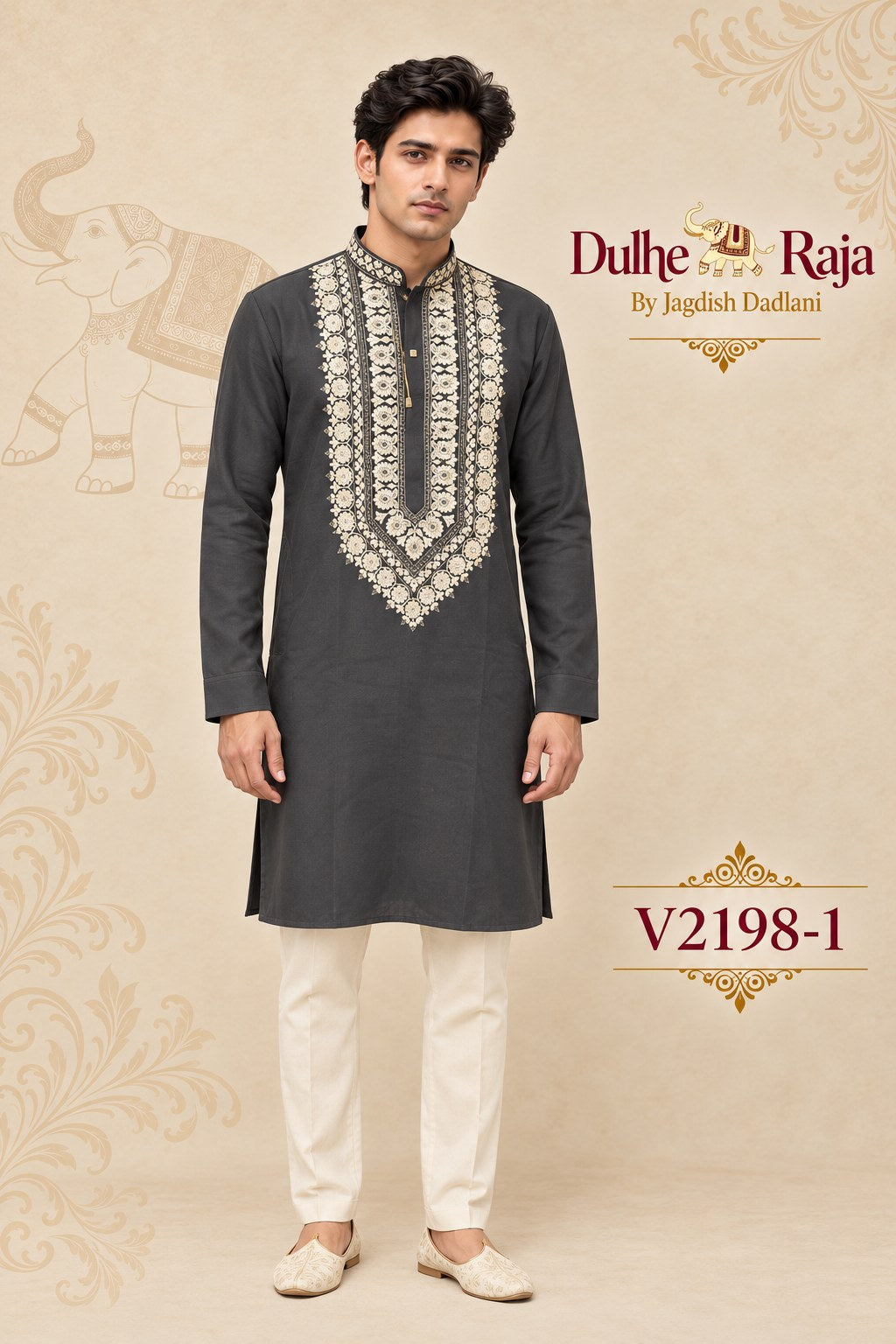 Charcoal grey embroidered kurta set - Dulhe Raja Bhopal design V2198-1