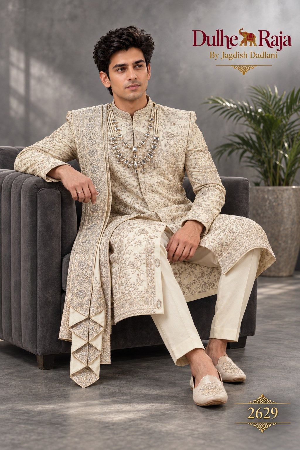 Silver beige layered wedding sherwani detail - design 2629-SILVER