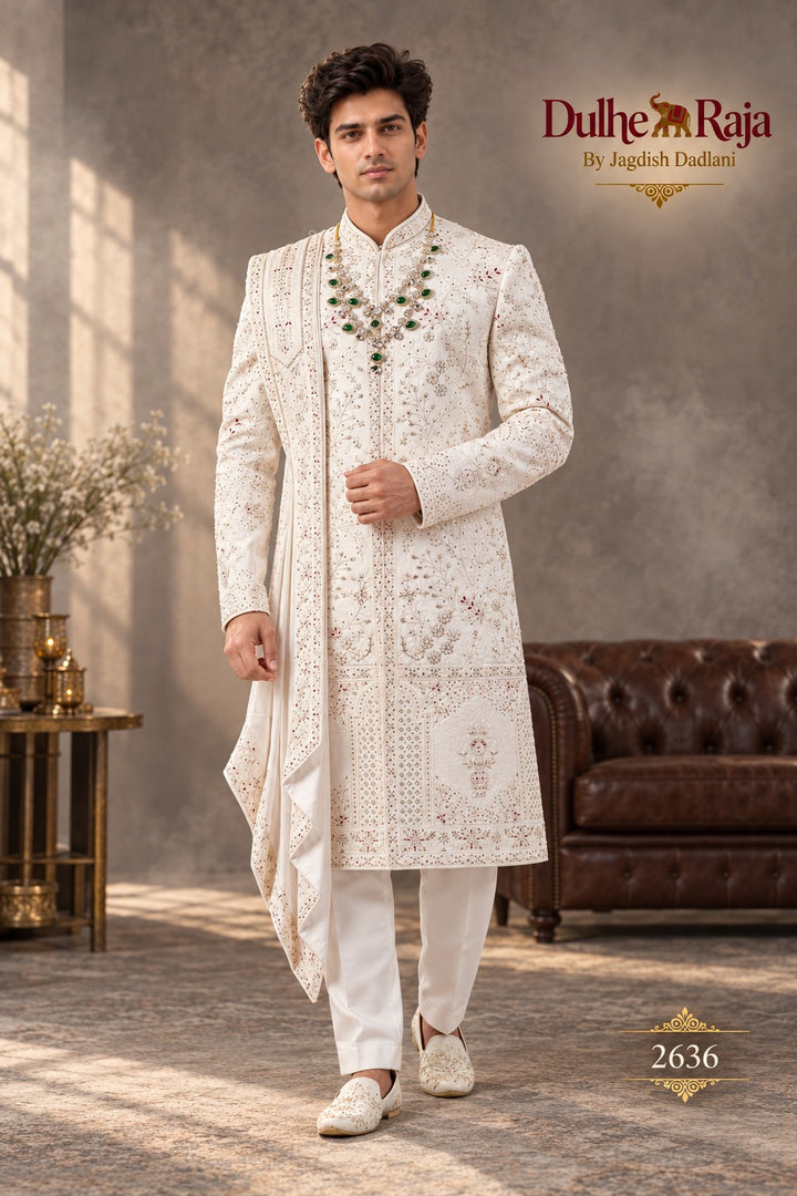 Safed Shaam Ivory Dupatta Wedding Sherwani