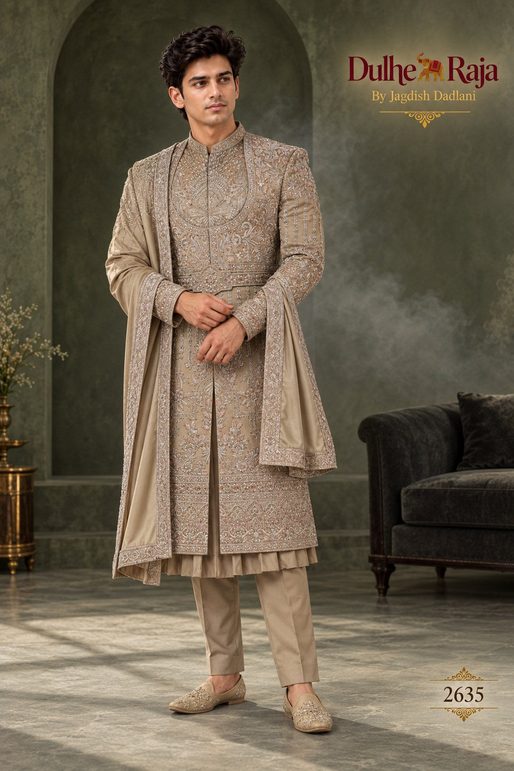 Beige dupatta wedding sherwani side view - design 2635-KP