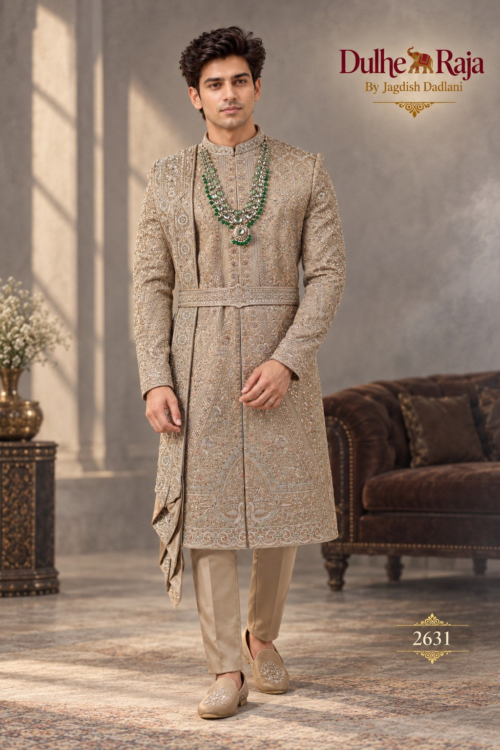 Beige belted drape wedding sherwani - Dulhe Raja Bhopal design 2631-KP