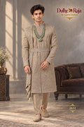 Beige belted drape wedding sherwani - Dulhe Raja Bhopal design 2631-KP