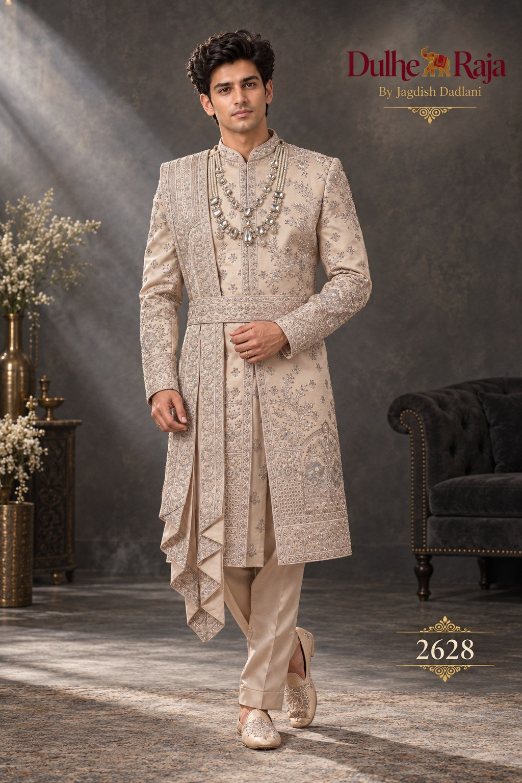 Blush belted wedding sherwani - Dulhe Raja Bhopal design 2628-RG
