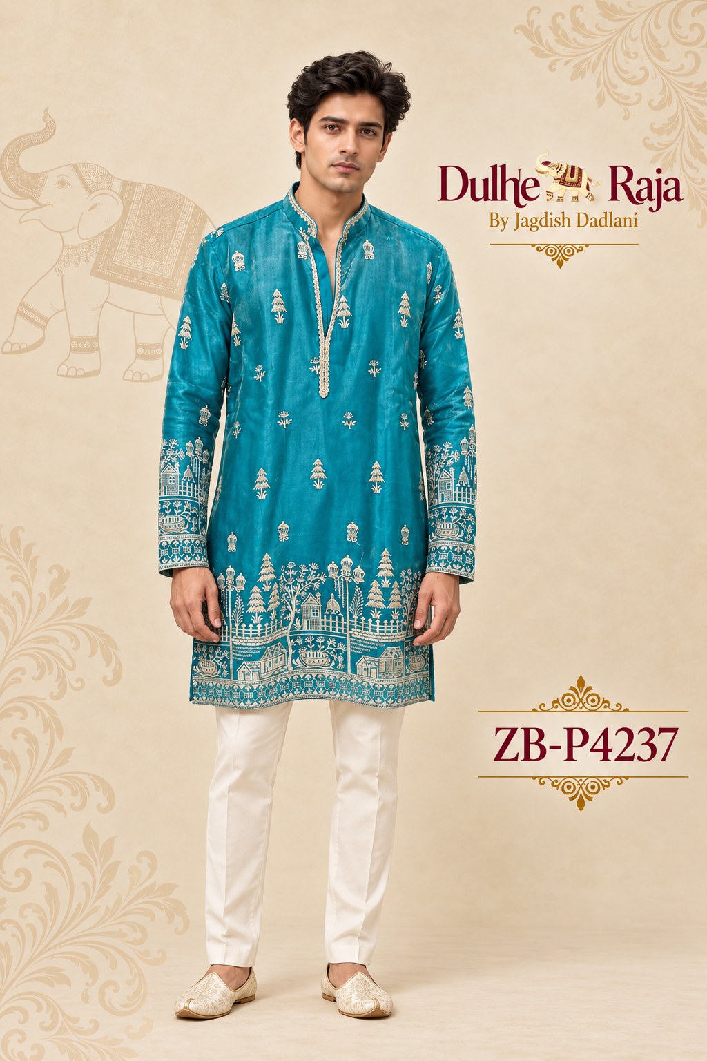 Turquoise embroidered kurta set for groom - Dulhe Raja Bhopal design ZB-P4237