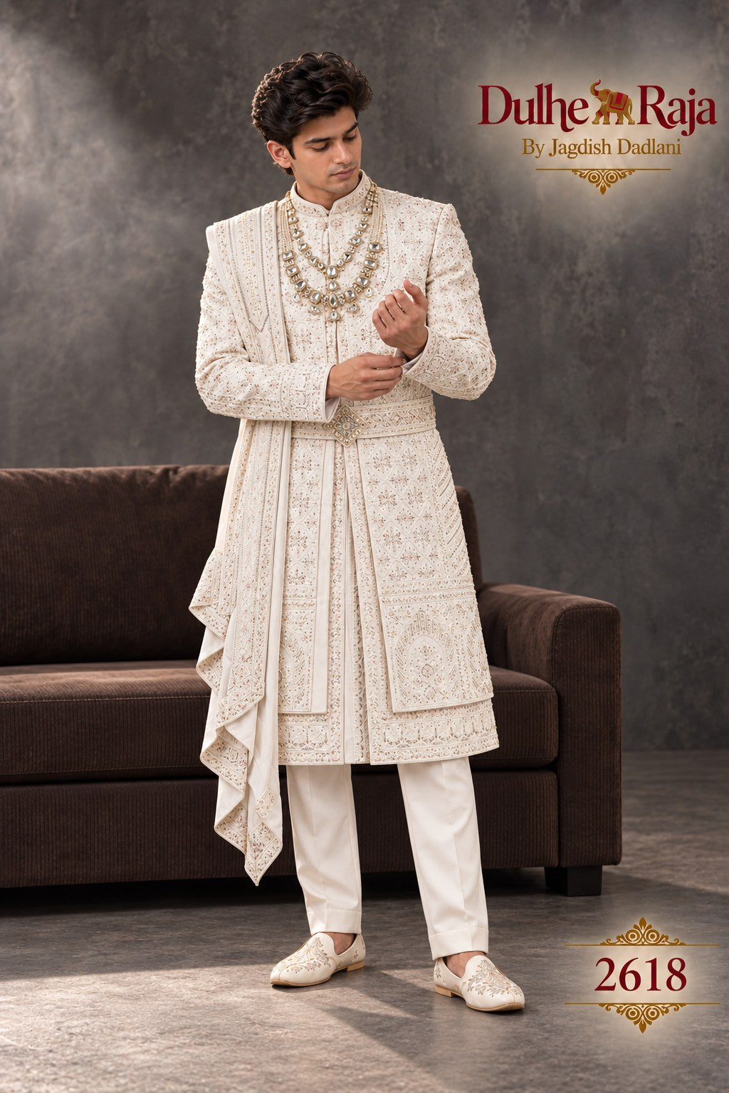 Ivory belted wedding sherwani side view - design 2618-S3