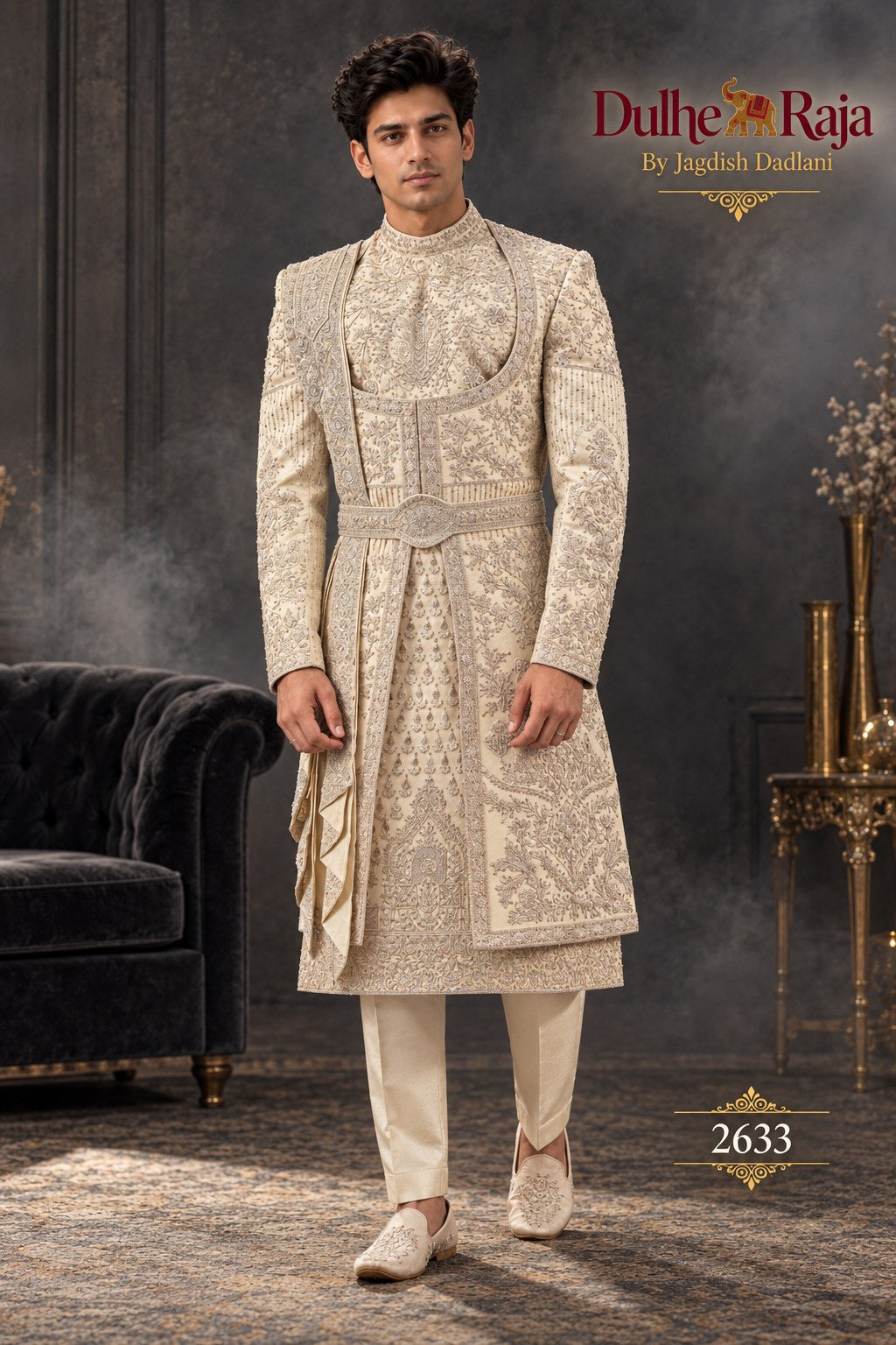 Silver ivory layered wedding sherwani - Dulhe Raja Bhopal design 2633-SILVER