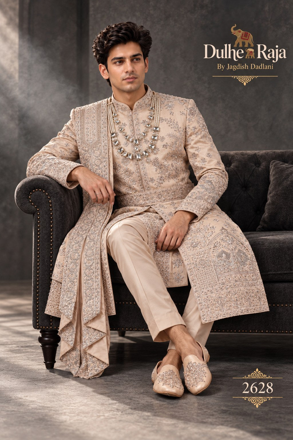 Blush belted wedding sherwani detail - design 2628-RG