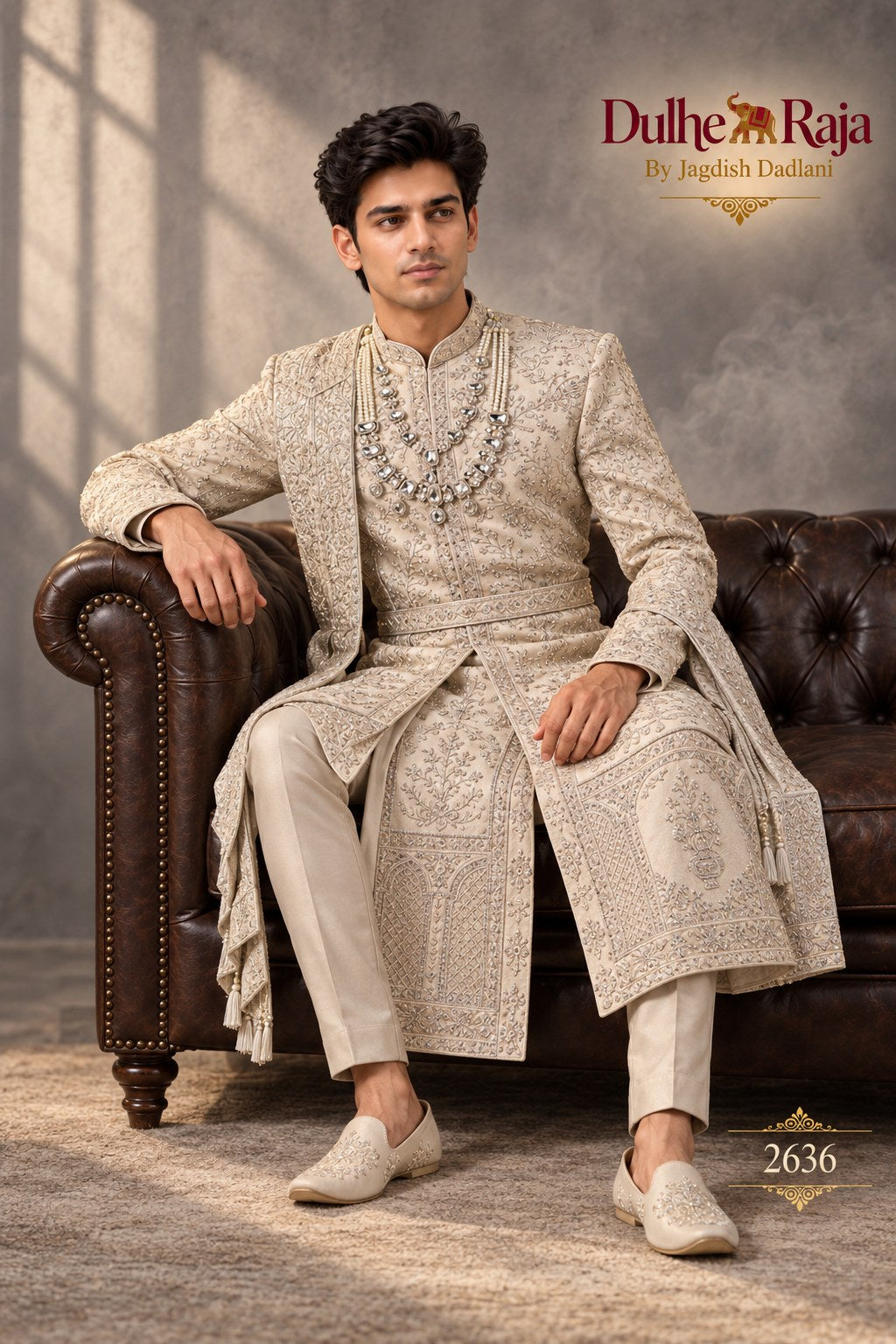 Beige draped wedding sherwani detail - design 2636-ANMOL