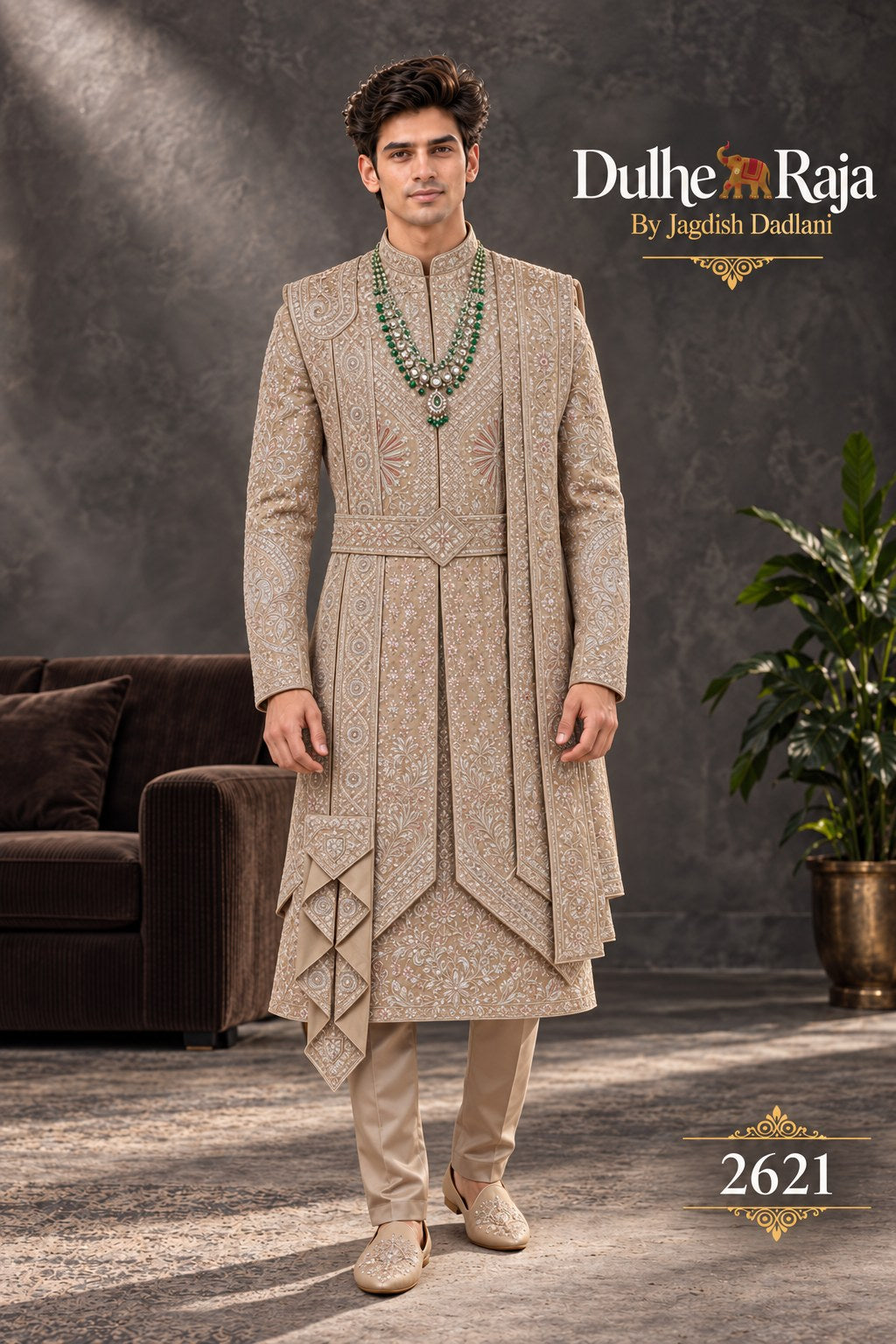 Taupe belted wedding sherwani - Dulhe Raja Bhopal design 2621-KP