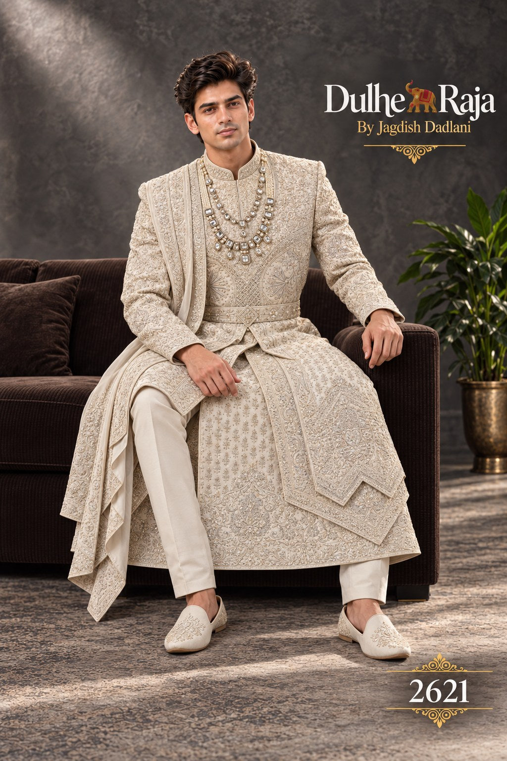 Beige pleated front wedding sherwani detail - design 2621-ANMOL