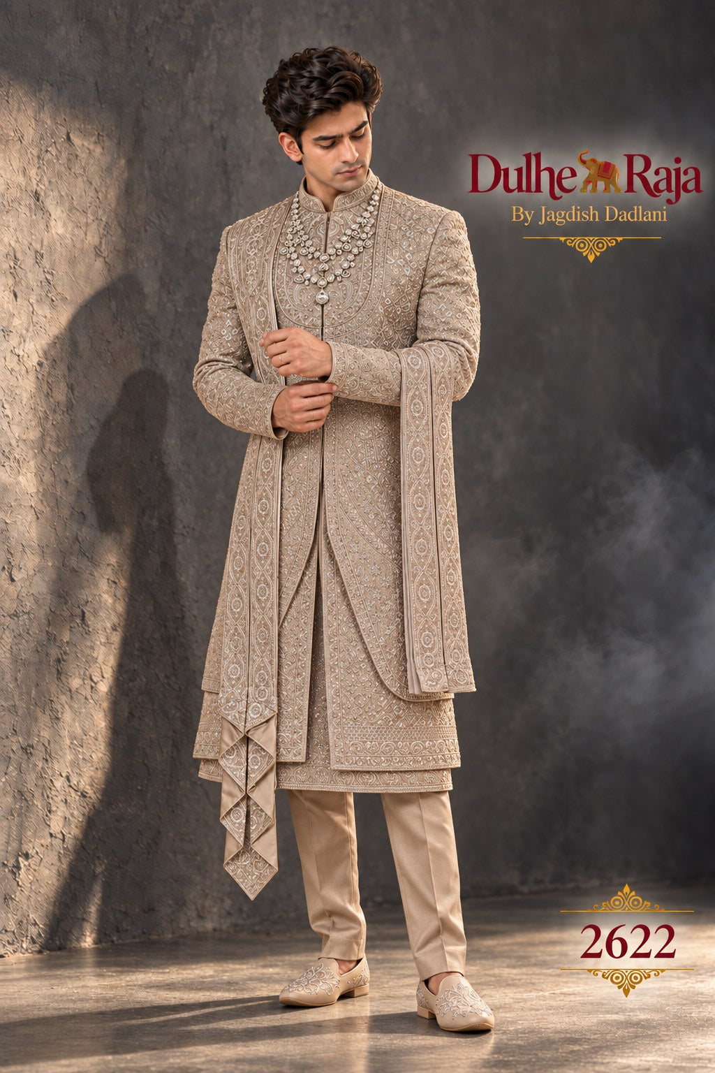 Beige draped wedding sherwani side view - design 2622-KP