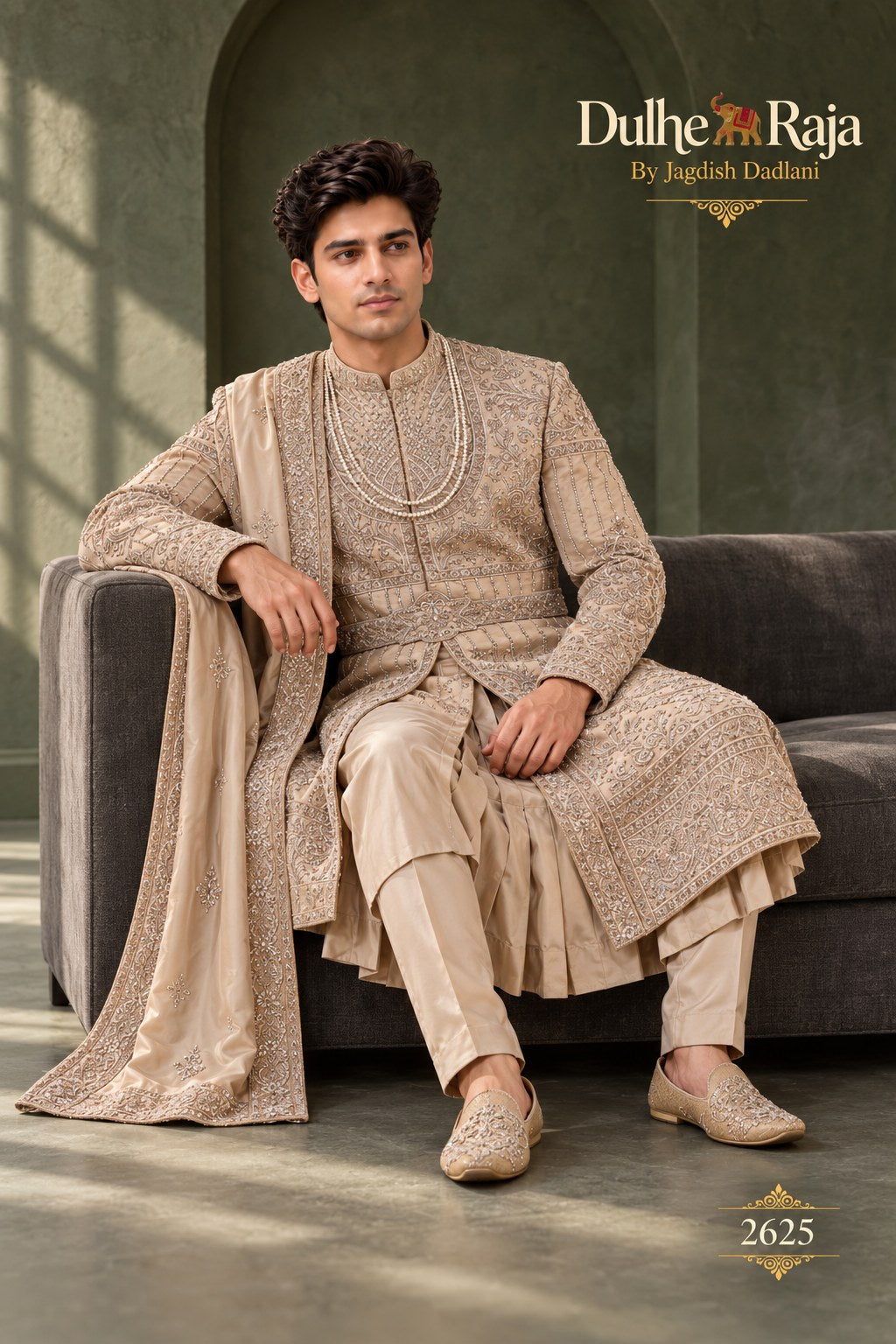 Rust sherwani with shawl drape detail - design 2625-RUST
