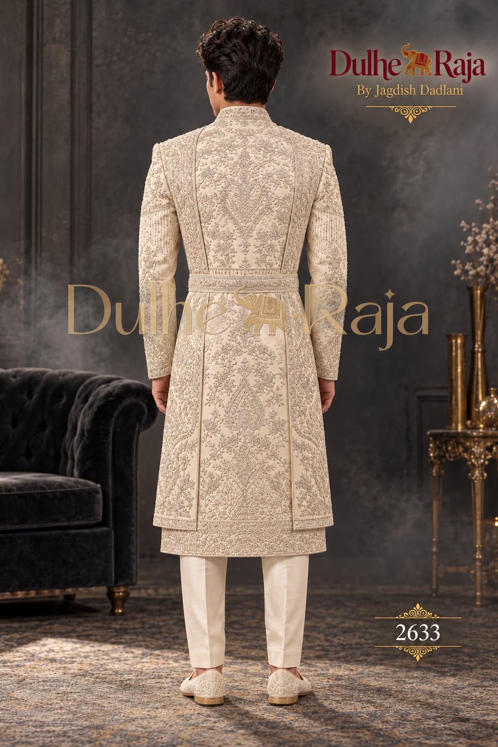 Dulhe Raja design 2633 silver ivory sherwani back view