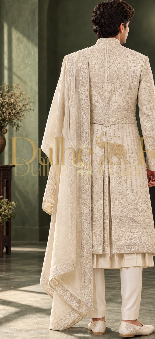 Dulhe Raja design 2635 beige sherwani back view