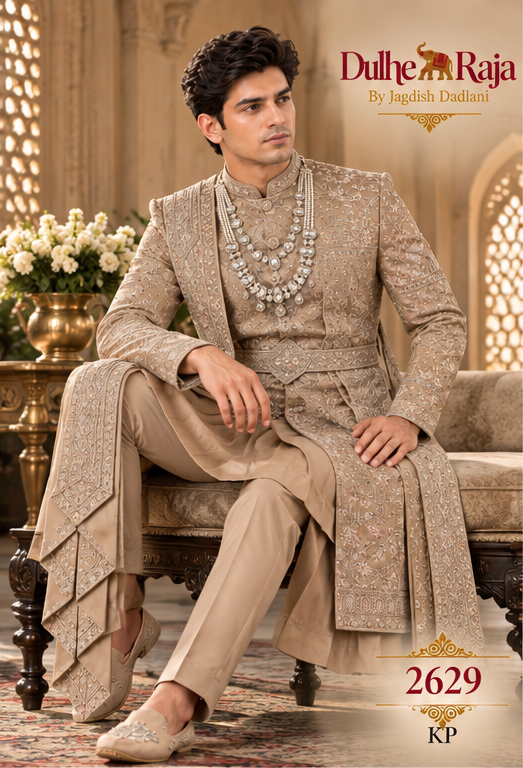 Dulhe Raja design 2629-KP sherwani royal sitting pose