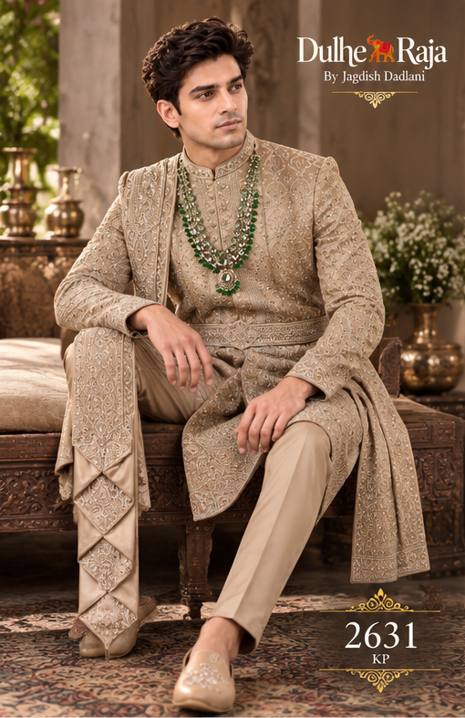 Dulhe Raja design 2631-KP sherwani royal sitting pose