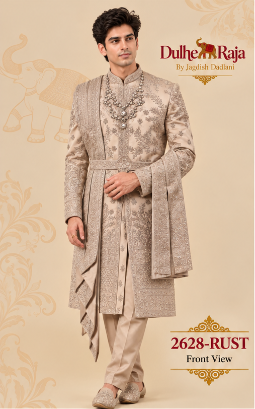 Dulhe Raja design 2628-RUST sherwani front view