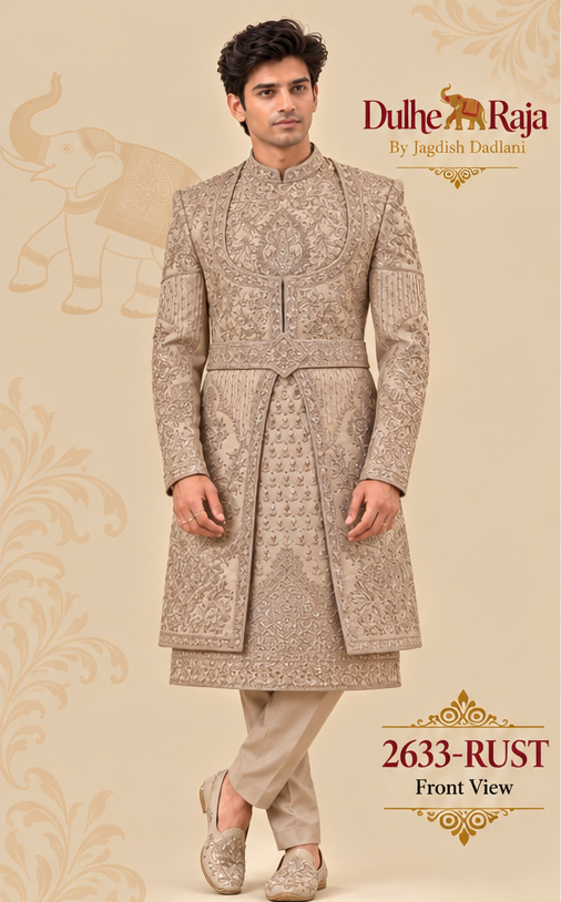 Dulhe Raja design 2633-RUST sherwani front view