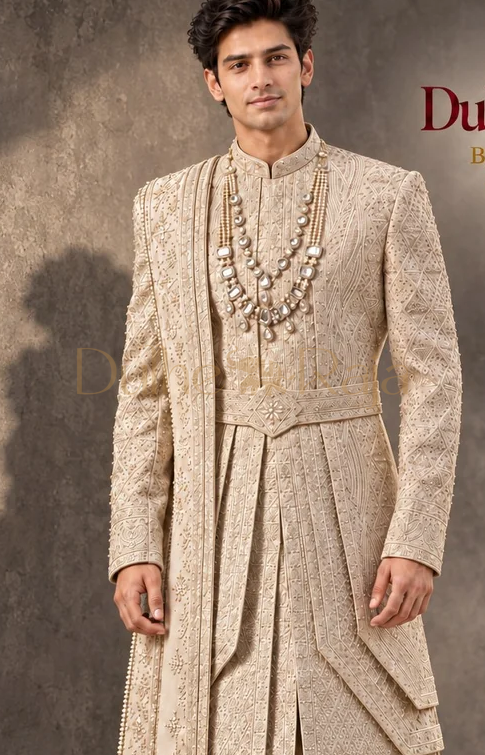 Dulhe Raja design 2615 beige sherwani close-up detail