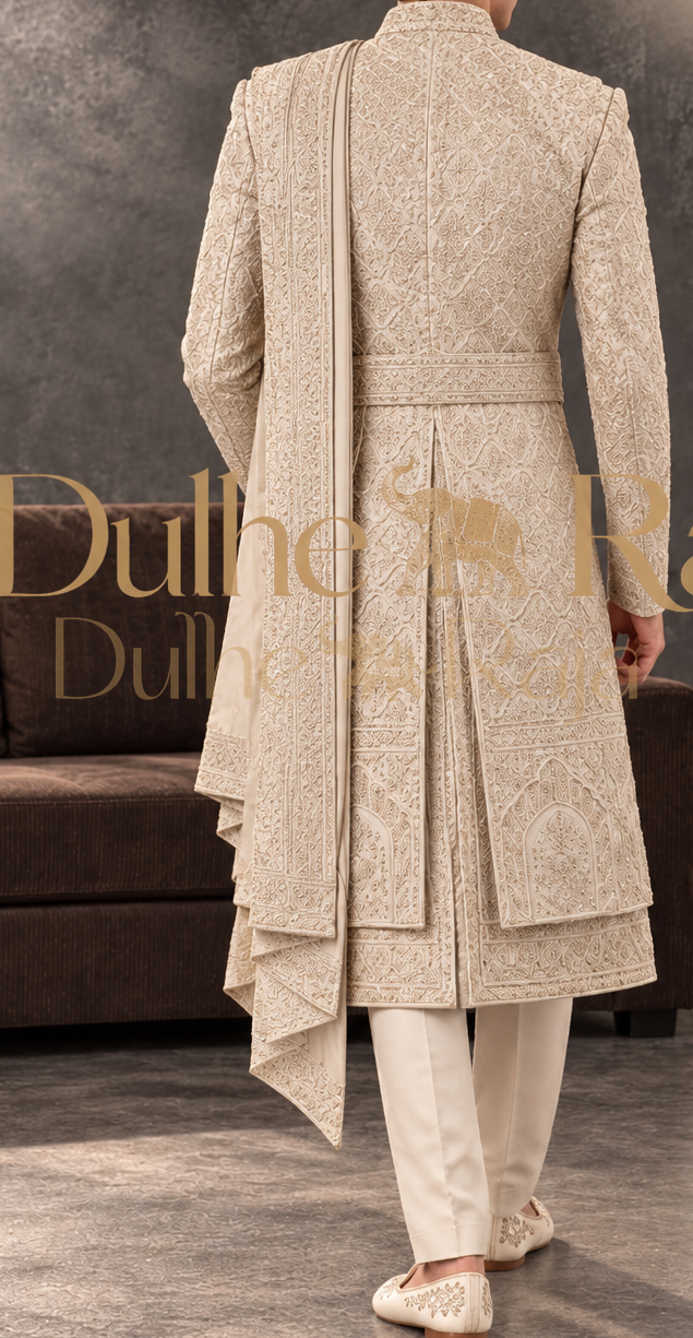 Dulhe Raja design 2618 beige sherwani back view