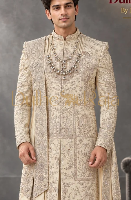 Dulhe Raja design 2629-SILVER sherwani close-up detail