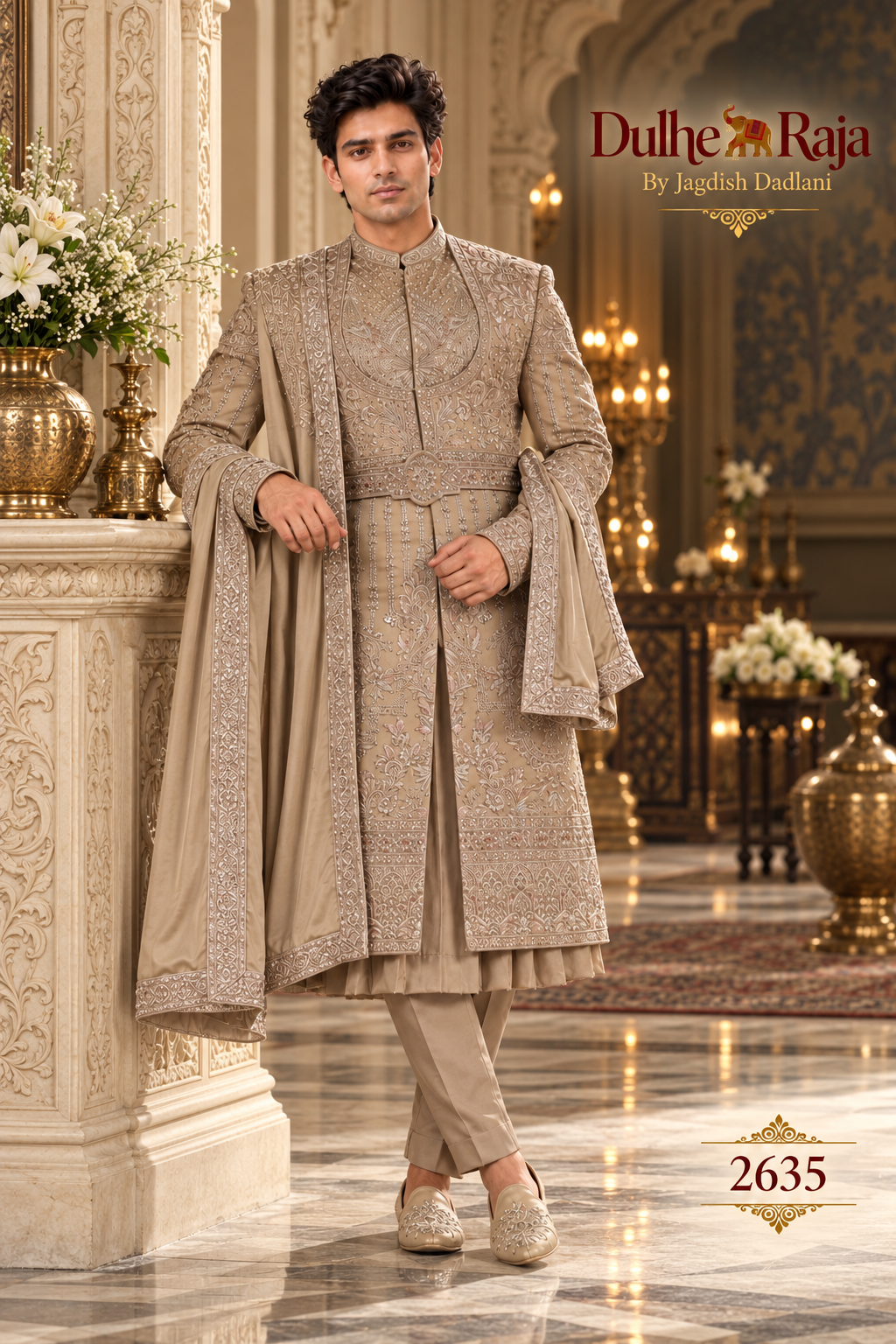 Dulhe Raja design 2635-KP sherwani palace leaning pose