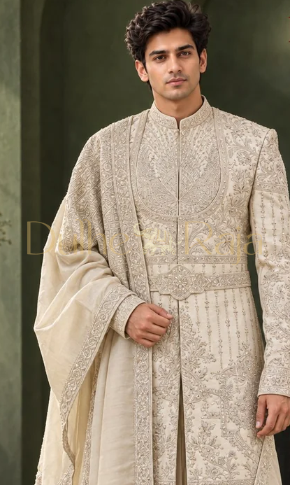 Dulhe Raja design 2635 beige sherwani close-up detail