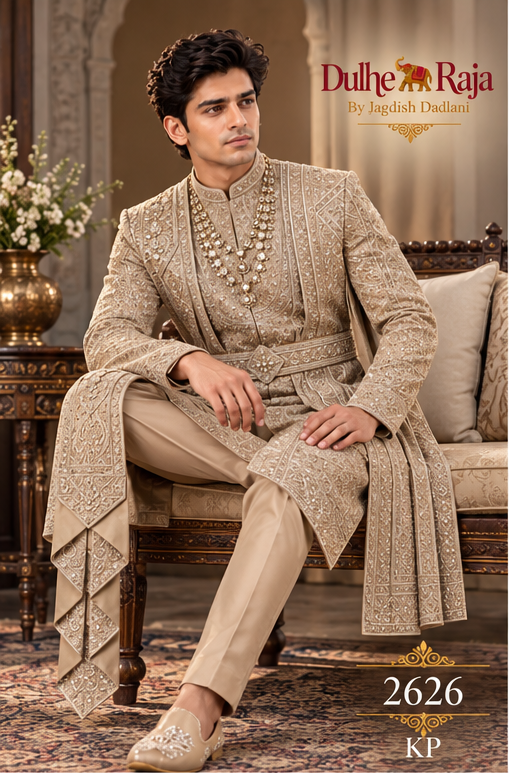 Dulhe Raja design 2626-KP sherwani royal sitting pose